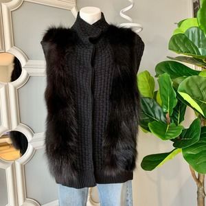 Lavia 18 Longline Wool Cardigan With Fur Trim in Black Size Large